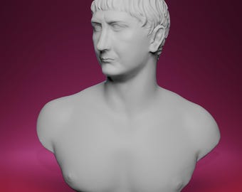 トラヤヌス帝の胸像。ローマ皇帝。精巧な手描きのレプリカ。大理石