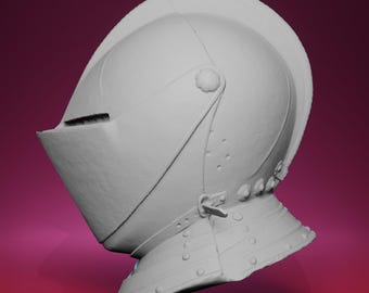 May include: A light gray medieval helmet with a visor, neck guard, and decorative rivets. The helmet has a rounded top and a curved brim. The visor has a narrow slit for viewing. The helmet is made of metal.