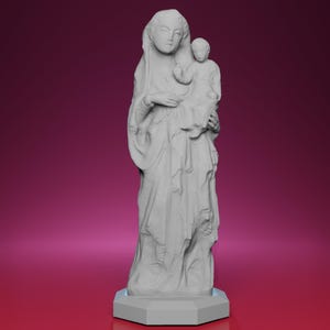 May include: A gray statue of a woman holding a child. The woman is wearing a draped garment and a veil. The child is also draped. The statue is on a gray, geometric base. The background is a gradient of pink and red.