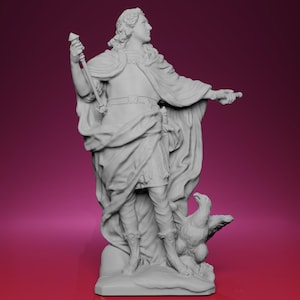 May include: A gray statue of a man in classical attire, holding a scepter and a sword. The figure is draped in flowing robes and stands with an eagle at his feet. The statue is set against a gradient pink background.