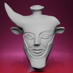 May include: A gray, stylized sculpture of a face with a horn and ear-like features. The sculpture has a smiling expression and a cylindrical neck. The background is a gradient of pink and red.