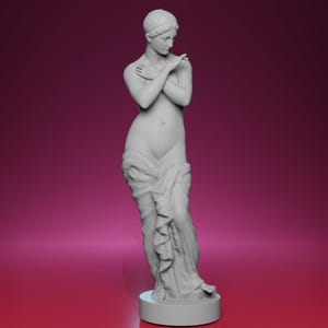 May include: A grey statue of Venus, the Roman goddess of love and beauty, stands with her arms crossed. She is partially draped in fabric, and the statue is set against a gradient background of pink and dark red.