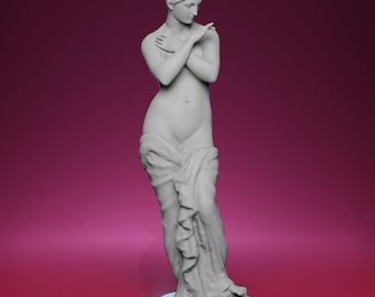 Op de afbeelding: Een grijze standbeeld van Venus, de Romeinse godin van de liefde en schoonheid, staat met gekruiste armen. Ze is gedeeltelijk bedekt met stof en het standbeeld staat tegen een gradiënt achtergrond van roze en donkerrood.