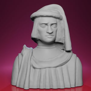 May include: A gray bust of a man wearing a hat and draped clothing. The sculpture has a serious expression and is set against a dark red background. The bust is a classical art piece.