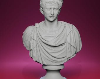 May include: A gray bust of a Roman emperor, featuring detailed facial features and draped clothing. The sculpture is mounted on a pedestal, set against a gradient background of deep pink and red.
