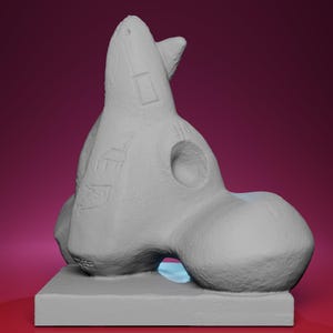 May include: A light gray abstract sculpture with a rounded base and a tall, textured form. The sculpture has a hole and several carved details. It sits on a square base against a gradient background.