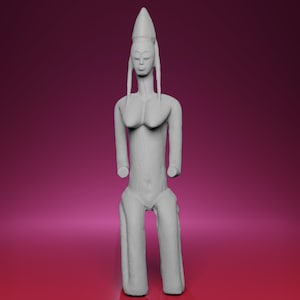 Puede incluir: Una escultura gris estilizada de una figura con un tocado alto y puntiagudo y cabello largo y fluido. La figura tiene un torso delgado, brazos con extremos redondeados y piernas anchas. La escultura está sobre un fondo rosa degradado.