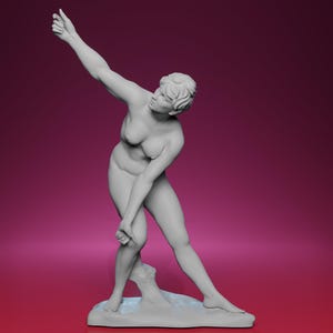 May include: A grey sculpture of a nude figure in a dynamic pose, with one arm raised and the other bent. The figure stands on a textured base against a gradient pink background. The sculpture's details are finely rendered, capturing the form's curves and musculature.