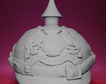 May include: A light gray Prussian Pickelhaube helmet with a tall, pointed spike on top. The helmet features a decorative emblem and a chin strap with buckles. The design is detailed and appears to be a 3D render.