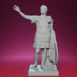 May include: A gray statue of a Roman emperor in a military uniform, with his right arm raised. The statue is standing on a rectangular base, and a cloak is draped over his left arm. The background is a gradient of pink and purple.