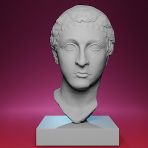 Puede incluir: Busto gris de una persona con pelo corto y rizado y una expresión serena. La escultura está montada sobre un pedestal cuadrado blanco sobre un fondo degradado rosa y morado. El busto es una obra de arte clásica.