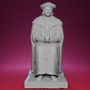 May include: A grey statue of a seated figure wearing a hat, long coat, and a necklace. The figure's hands are clasped in front of them. The statue is on a rectangular base, with a dark pink background.