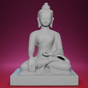 May include: A grey Buddha statue in a seated meditation pose. The statue has a serene expression, with hands resting in the lap. The figure is on a rectangular base, set against a gradient background of pink and red.