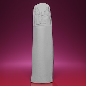 May include: A light grey stone carving of two figures, one seated and one standing. The carving is on top of a tall, textured, light grey stone pillar.