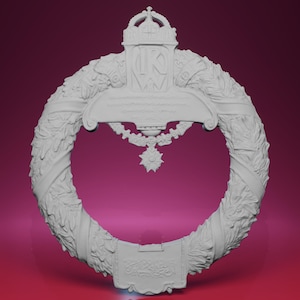 May include: A white, ornate wreath with a crown at the top and a star-shaped pendant. The wreath is decorated with leaves and ribbons. There is text on the top and bottom of the wreath. The background is a solid, dark pink color.