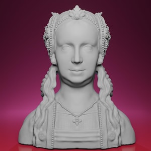 Puede incluir: Busto renderizado en 3D de una mujer con cabello largo y ondulado y un tocado detallado. Lleva un collar con un colgante de cruz. El busto es de color gris claro y está sobre un fondo rosa oscuro.