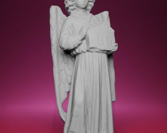 May include: A gray angel statue with detailed wings and flowing robes. The angel holds a decorative structure in its hands. The statue has a serene expression and is set against a gradient pink and purple background.