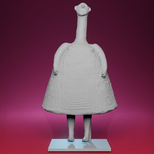May include: A white, stylized sculpture of a figure with a long neck, rounded shoulders, and a flared skirt. The figure stands on a rectangular base, with legs visible below the skirt. The sculpture has detailed patterns.