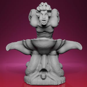 May include: A gray, sculpted fountain featuring a figure with arms raised, supporting a basin. The fountain has a detailed, classical design with a face at the base and a shell-like structure. The sculpture is set against a dark pink background.