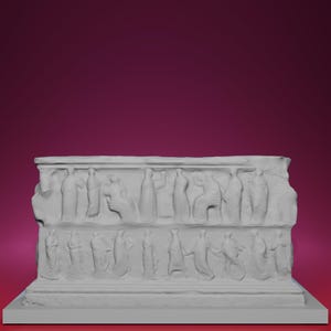May include: A white, rectangular relief sculpture with two tiers of figures. The figures are in classical poses, with draped garments. The background is a deep magenta color.