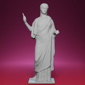 May include: A 3D-rendered statue of a classical figure, draped in flowing robes. The statue is a light grey colour and stands on a rectangular base. The figure's right arm is raised, holding an object, and the left arm is extended.