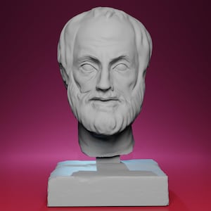 Puede incluir: Un busto gris de un hombre con barba y pelo corto, montado sobre una base rectangular. La escultura tiene un estilo clásico, con rasgos faciales detallados y una expresión serena. El fondo es un degradado de rosa y morado.