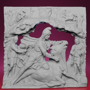 May include: A detailed, gray bas-relief sculpture depicting a classical scene. The central figure, a person in draped clothing and a helmet, appears to be subduing a bull. Other figures and animals are carved into the background, with a decorative archway.