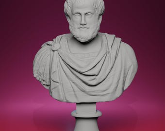 May include: A grey bust of a man with a beard and short curly hair, wearing a draped garment. The sculpture is mounted on a pedestal, set against a gradient pink background. The bust is a classical art piece.