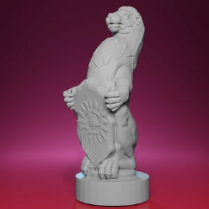 May include: A gray statue of a lion-like creature holding a shield with a sun design. The statue is on a round base and has detailed features. The background is a gradient of pink and dark red.