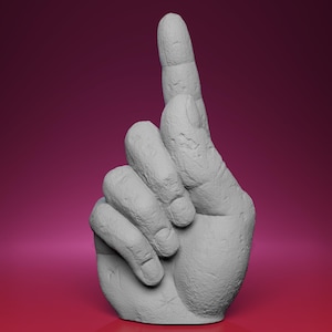 May include: A gray sculpture of a hand with the index finger pointing upwards. The hand is detailed with visible knuckles and skin texture, set against a gradient pink background.