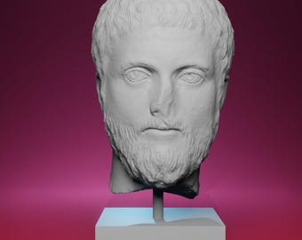 May include: A gray bust of a man with a beard and short hair, mounted on a square base. The sculpture is set against a gradient background of pink and red hues. The bust is a classical style sculpture.