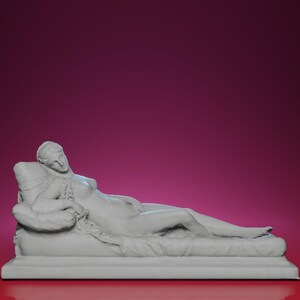May include: A white sculpture of a reclining nude figure, resting on a pillow and draped fabric. The sculpture is set against a deep magenta background, with the figure's form detailed and smooth.