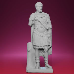 May include: A gray statue of a Roman emperor, depicted in a standing pose with a beard and traditional attire. The statue is missing an arm and is mounted on a rectangular base. The background is a gradient of pink and dark red.