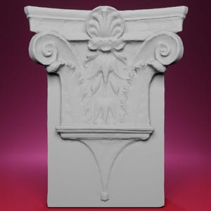 May include: A detailed, white architectural column capital with ornate scrollwork and floral designs. The capital features a central floral motif and is set against a gradient background.