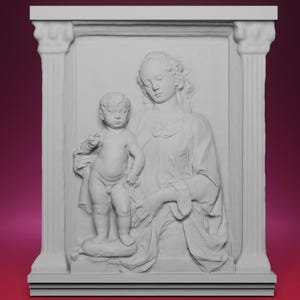 May include: A white relief sculpture depicting a woman and a child. The woman is seated, holding the child, who stands on a pillow. The sculpture is framed by columns and a rectangular border, creating a classical aesthetic.