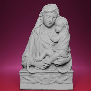 May include: A white sculpture of a woman holding a child, both draped in fabric. The sculpture is set on a rectangular base with decorative carvings. The background is a gradient of pink and red.