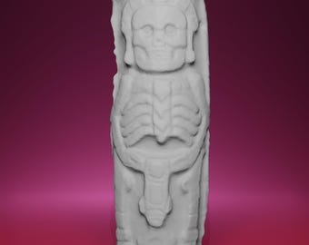 Columna con relieve del Dios Maya de la Muerte impresa en 3D, inspirada en el Museo Quai Branly de París.