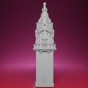 May include: A grey architectural model of a tower, featuring intricate carvings, a clock face, and a decorative top. The tower has a rectangular base and is set against a gradient background.