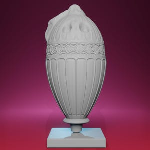 May include: A white, ornate urn with a detailed design. The urn has a rounded top with carved details and a decorative band around the middle. It sits on a square base, showcasing a classic, elegant aesthetic.