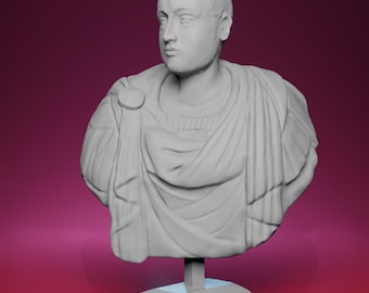 May include: A gray bust of a man with short hair, wearing draped clothing and a circular brooch. The sculpture is mounted on a rectangular base, set against a gradient background of pink and maroon.