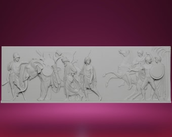 Relieve impreso en 3D de la entrada de Alejandro Magno en Babilonia: inspirado en el friso del Museo Thorvaldsen, decoración clásica y arte mural histórico.
