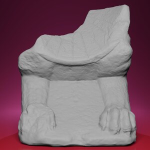 May include: A grey, textured sculpture of a chair with a high back and armrests. The chair's design includes a curved seat and claw-like feet, giving it a unique, artistic appearance. The background is a solid maroon colour.