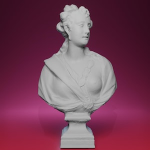 May include: A white plaster bust of a woman with her hair styled up and draped in a shawl. The bust is mounted on a square pedestal, and the background is a gradient of pink and red.