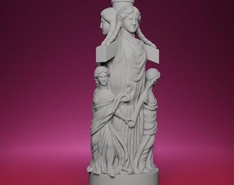 May include: A gray sculpture of four women in classical attire. The figures are arranged around a central column, with two women facing forward and two in profile. The sculpture has a cylindrical base and a cylindrical top.