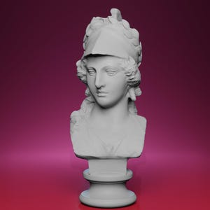May include: A gray bust of a woman wearing a helmet with laurel leaves. The sculpture has a classical style, with detailed facial features and flowing hair. The bust is mounted on a pedestal, set against a gradient pink background.