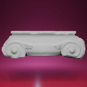 May include: A white, architectural Ionic capital with scrolled volutes on each side. The capital features a detailed design with a flat top and a decorative molding. The background is a gradient of pink and purple.
