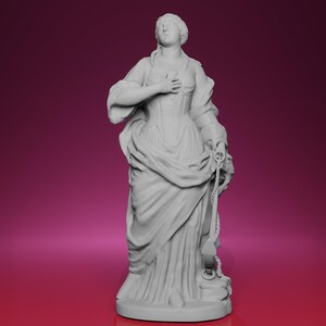 Könnte beinhalten: Graue Statue einer Frau in einem fließenden Kleid, die ein Seil und einen kleinen Gegenstand in der Nähe ihrer Brust hält. Die Statue hat ein klassisches Design mit detaillierten Falten im Stoff und einem ruhigen Ausdruck. Der Hintergrund ist ein Farbverlauf aus Rosa und Lila.