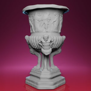 May include: A white, ornate urn with a wide rim and a square base. The urn features relief carvings of figures and is supported by sculpted figures. The overall design is classical and decorative, suitable for home decor.