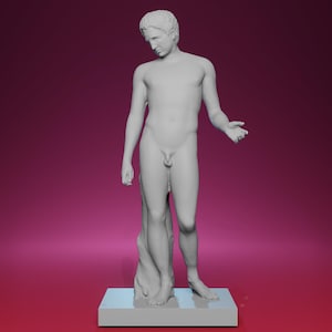 May include: A gray statue of a nude male figure, standing on a rectangular base. The figure has short hair and is posed with one arm extended and the other at his side. The statue is set against a gradient background of pink and red.