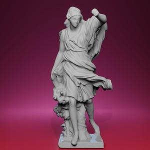 May include: A gray classical statue of a woman in flowing robes, with one arm raised and the other holding a floral element. The statue is set against a gradient pink background, showcasing the intricate details of the sculpture.